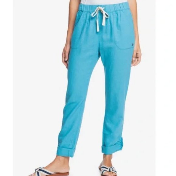 Roxy Pants - Roxy NWOT Linen On the Seashore Adriatic Blue Drawstring Cuffed Pants Teal